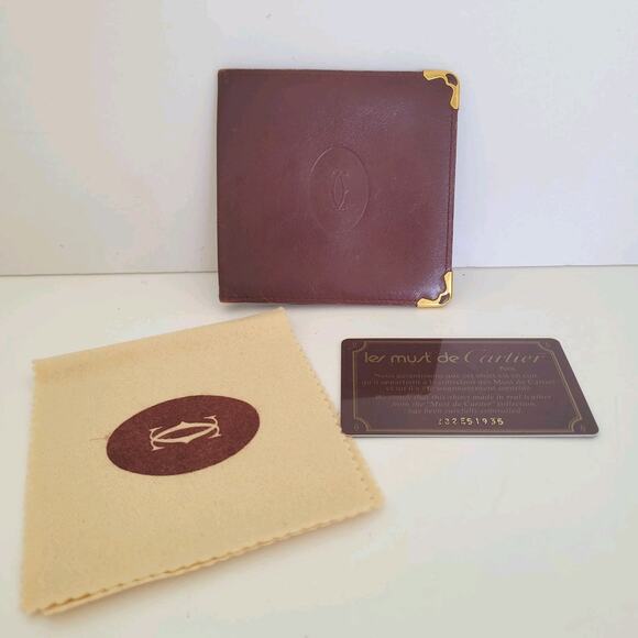 Must De Cartier Men's Bifold Leather Bordeaux Red Wallet Medium Retro Bill - Picture 1 of 10